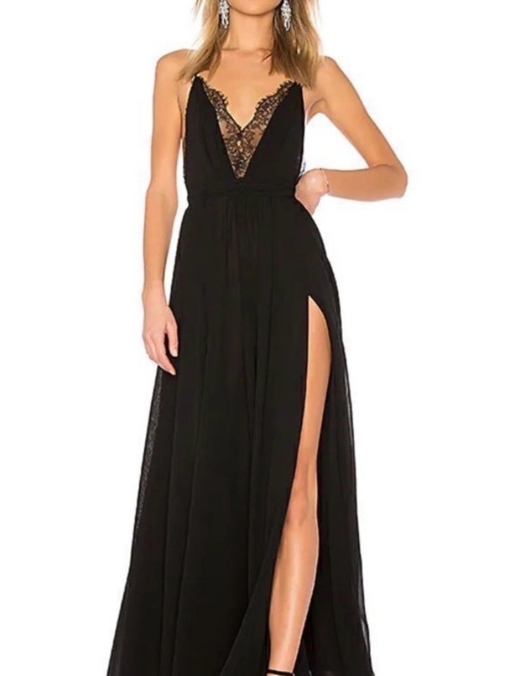 Michael Costello x Revolve Justin Gown black maxi dress slip lace trim
